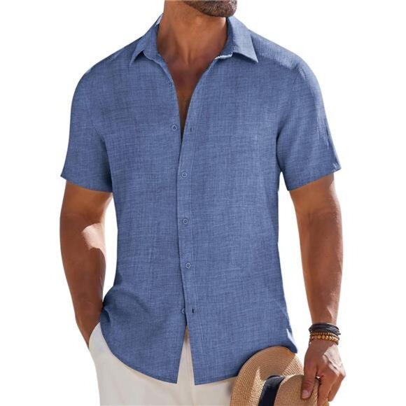 Mens Button Down Short Sleeve Shirt Casual Beach Shirt Summer Vacation - Picture 1 of 6